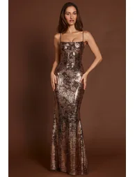 Embellished Straight-Neck Maxi Dress in Black Gold Foil - 8