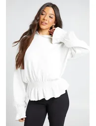 Loopback Peplum Hem And Cuff Hoodie - ecru - 1