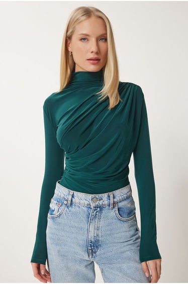 Women's Dark Green Ruffle Detailed Standing Collar Sandy Blouse