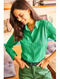 Women's Grass Green Jacquard Textured Woven Shirt - 1