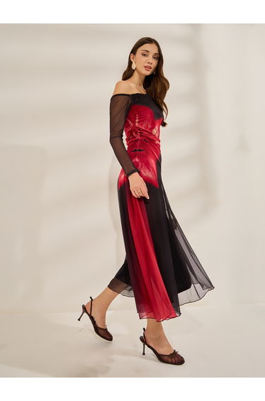 Floral Print One Shoulder Mesh Midi Dress