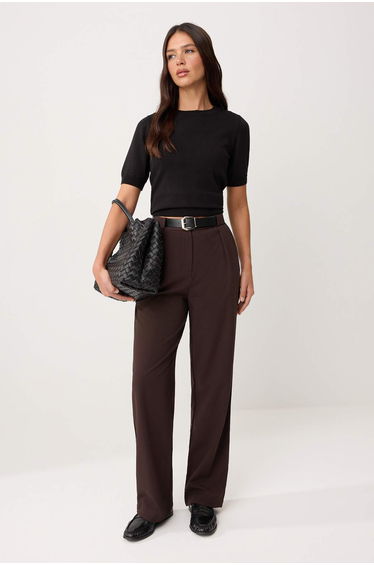 Dark Brown Belted Straigt/Straight Cut Woven Fabric Trousers