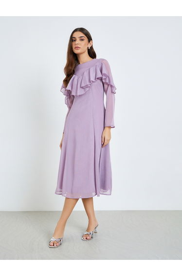 Women Lilac Ruffled Detail Midi Dress