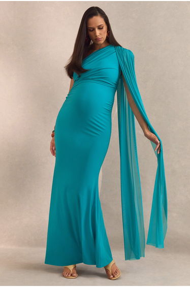 Aylena | Turquoise Asymmetric-Neck Maternity Maxi Dress With Sash Detail