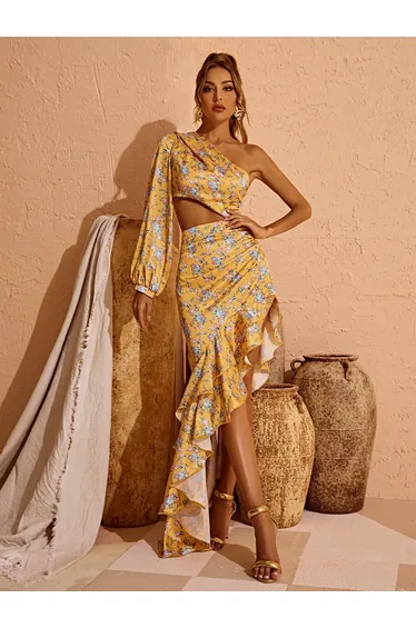 Aiyana One Shoulder Floral Maxi Dress In Yellow