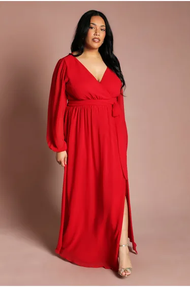 Plus Wrap Front Pleated Georgette Maxi Dress