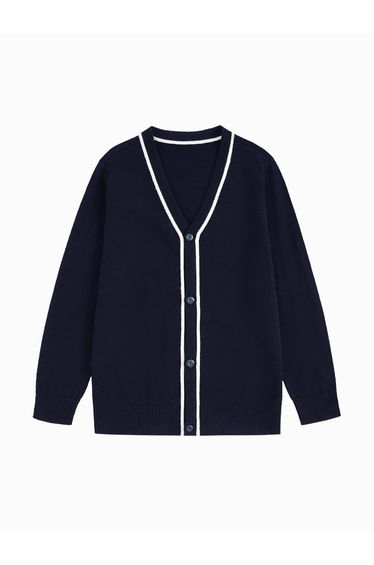 Boys' Long Sleeve Knitted Cardigan - Contrast Line Details With Front Button Closure