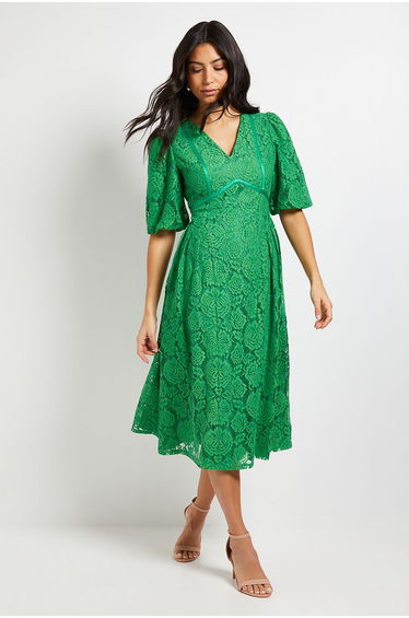 Lace Puff Sleeve Midi Dress