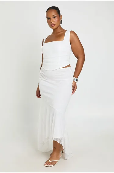 Plus Square Neck Lace Ruched Corset Top - white
