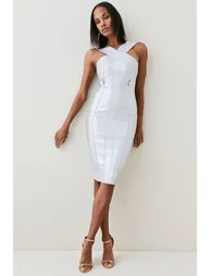 Figure Form Bandage Foiled Cross Front Knit Dress
