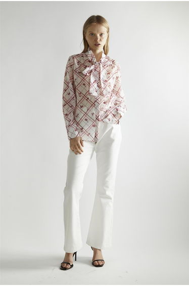 Burgundy Floral Check Tie Detail Blouse