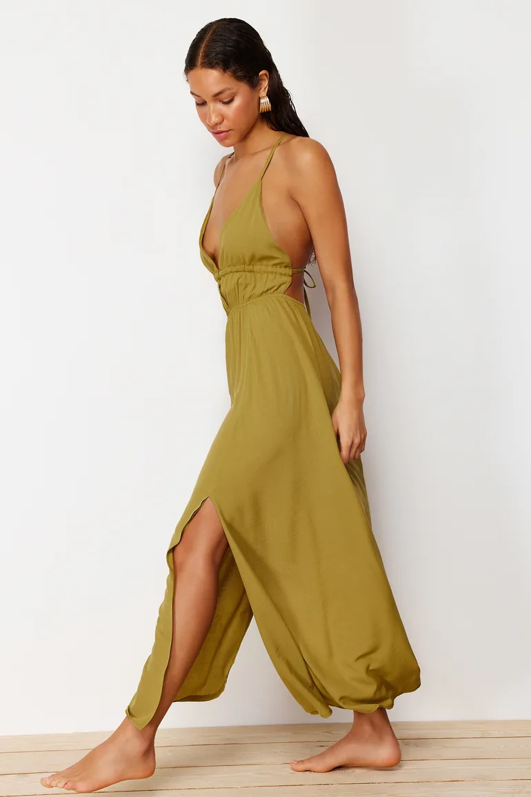 Khaki Maxi Woven Slit Dress - 8