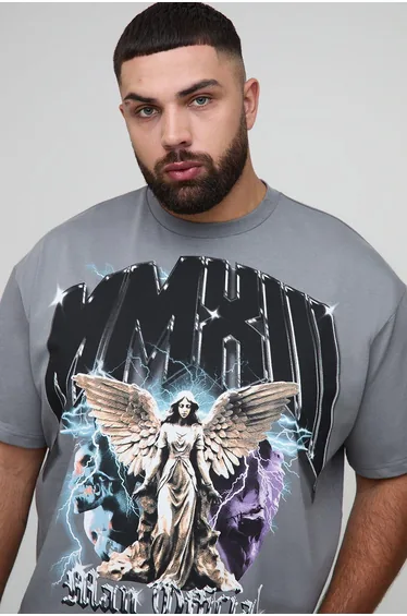 Plus Oversized Heavyweight Angel Printed T-Shirt - charcoal